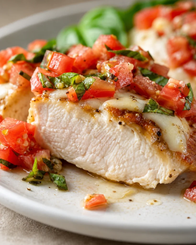Close-up of juicy bruschetta chicken with fresh tomato basil topping