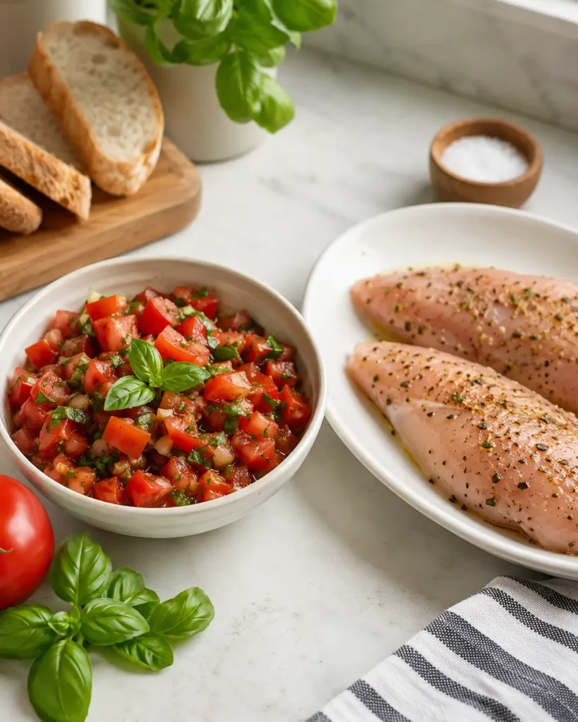 Tomato basil topping and seasoned chicken prepared for bruschetta chicken