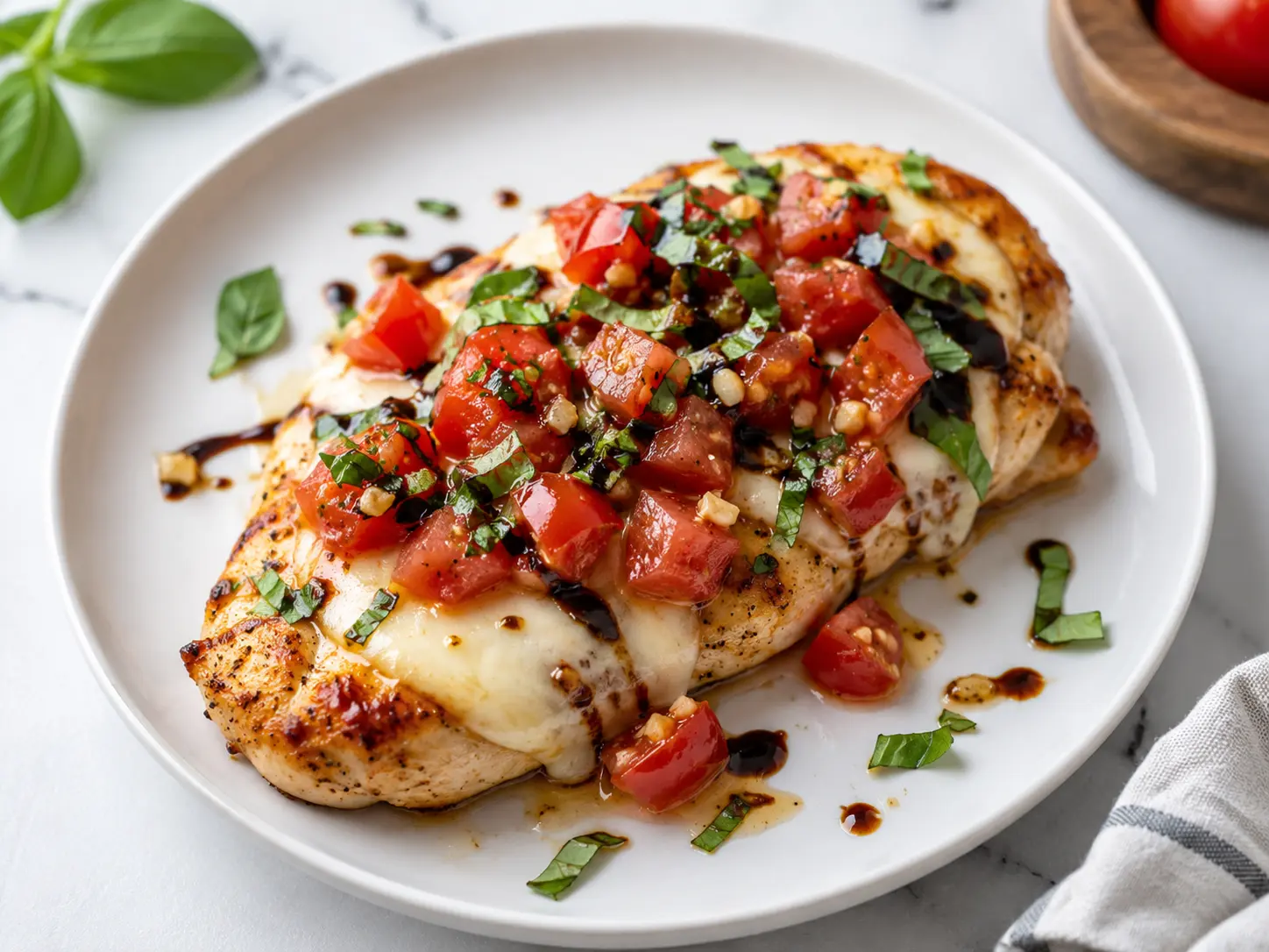Bruschetta chicken with mozzarella, tomatoes, basil, garlic, and balsamic glaze on a white plate