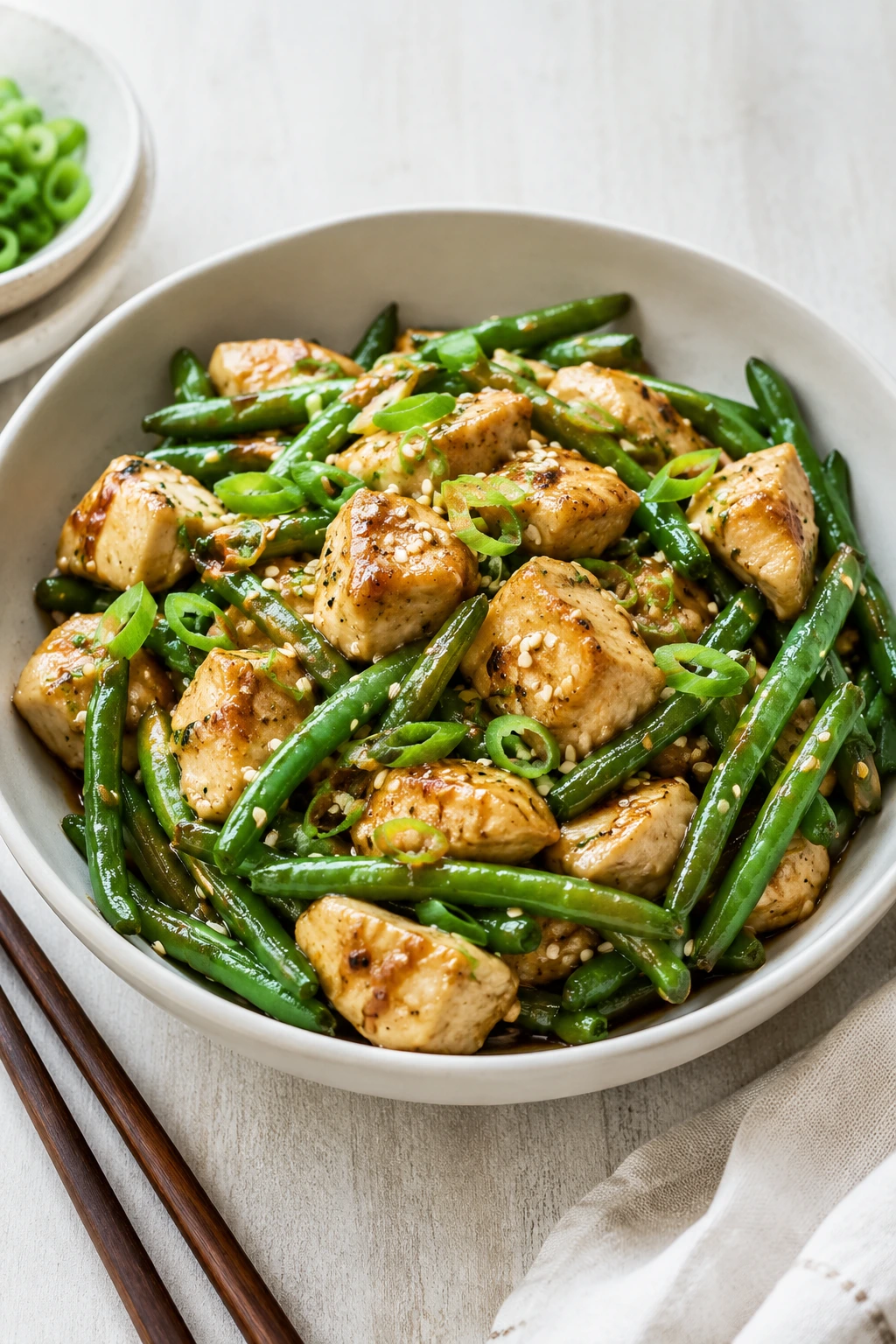 Chicken and green bean stir fry with glossy garlic-ginger sauce in a bowl