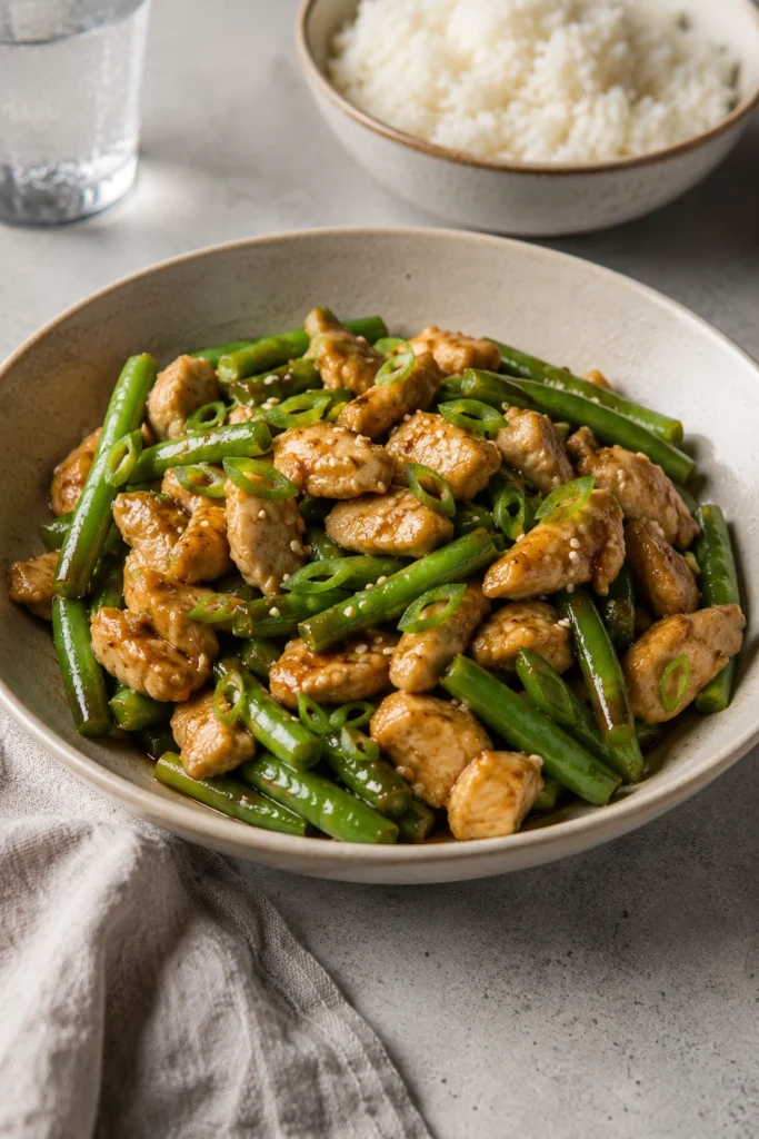 Chicken and green bean stir fry in a ceramic bowl with scallions and sesame seeds