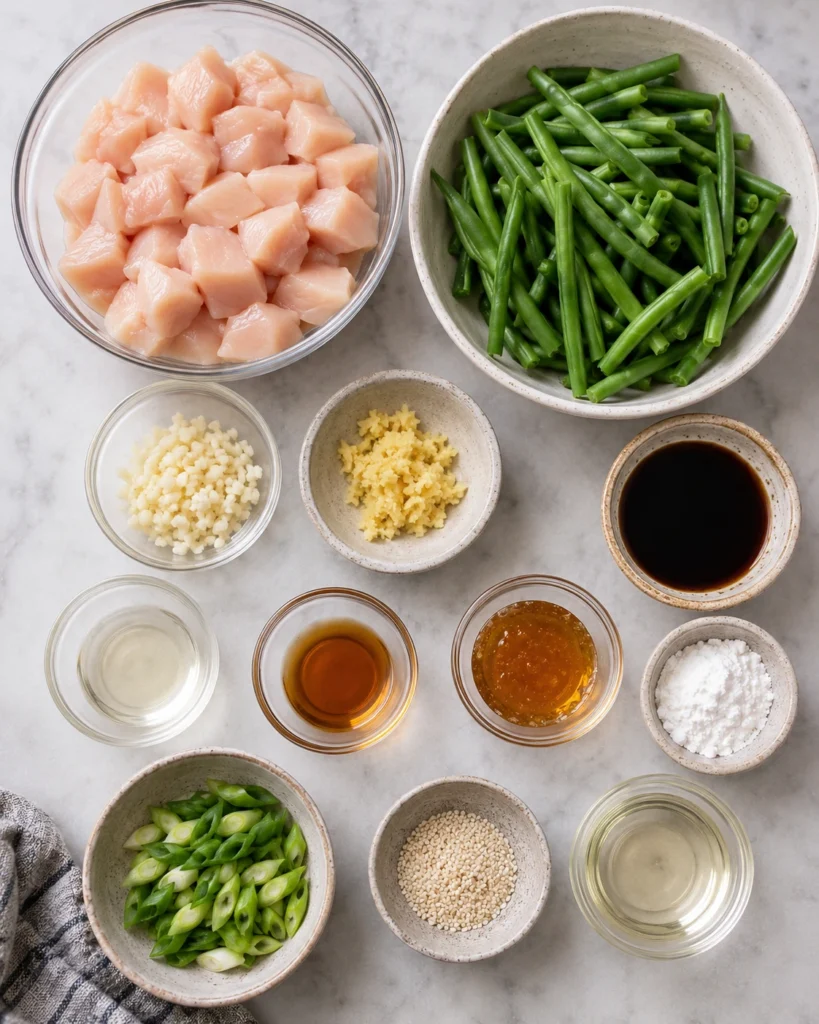 Ingredients for chicken and green bean stir fry arranged in bowls on a countertop