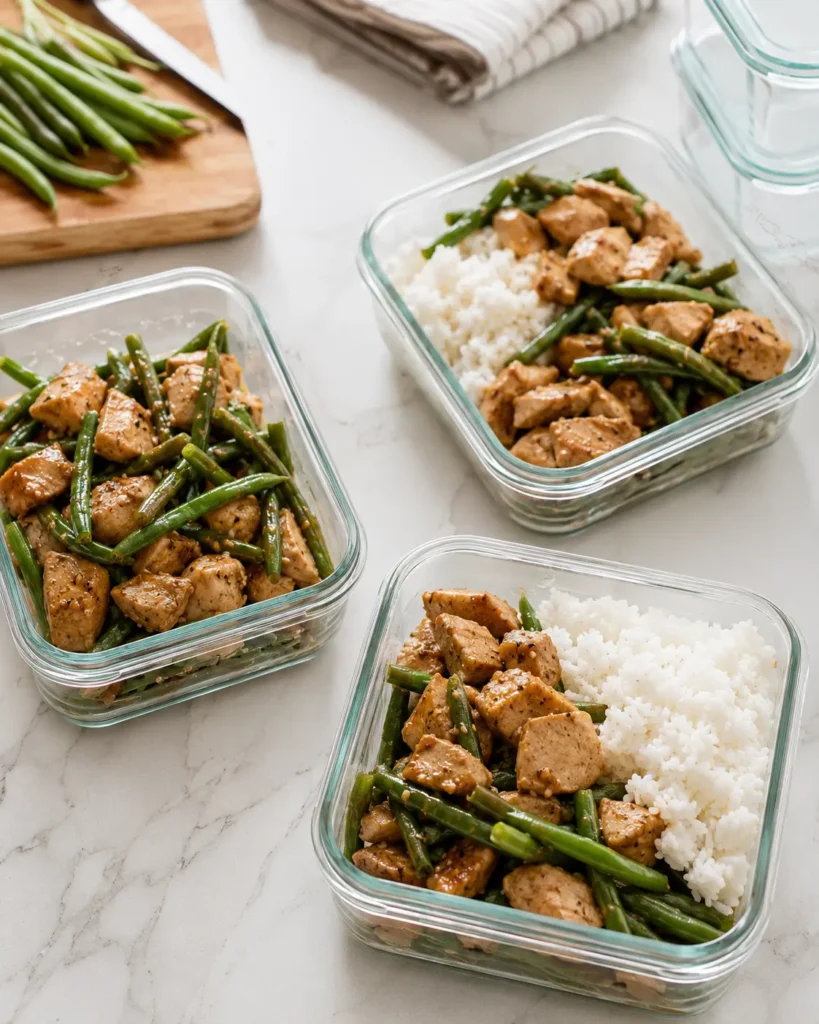 Meal-prep containers filled with chicken, green beans, and rice