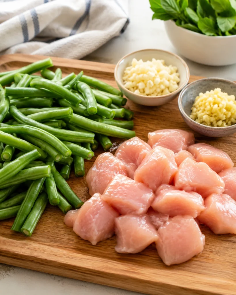 Prepped chicken, green beans, garlic, and ginger on a wooden cutting board