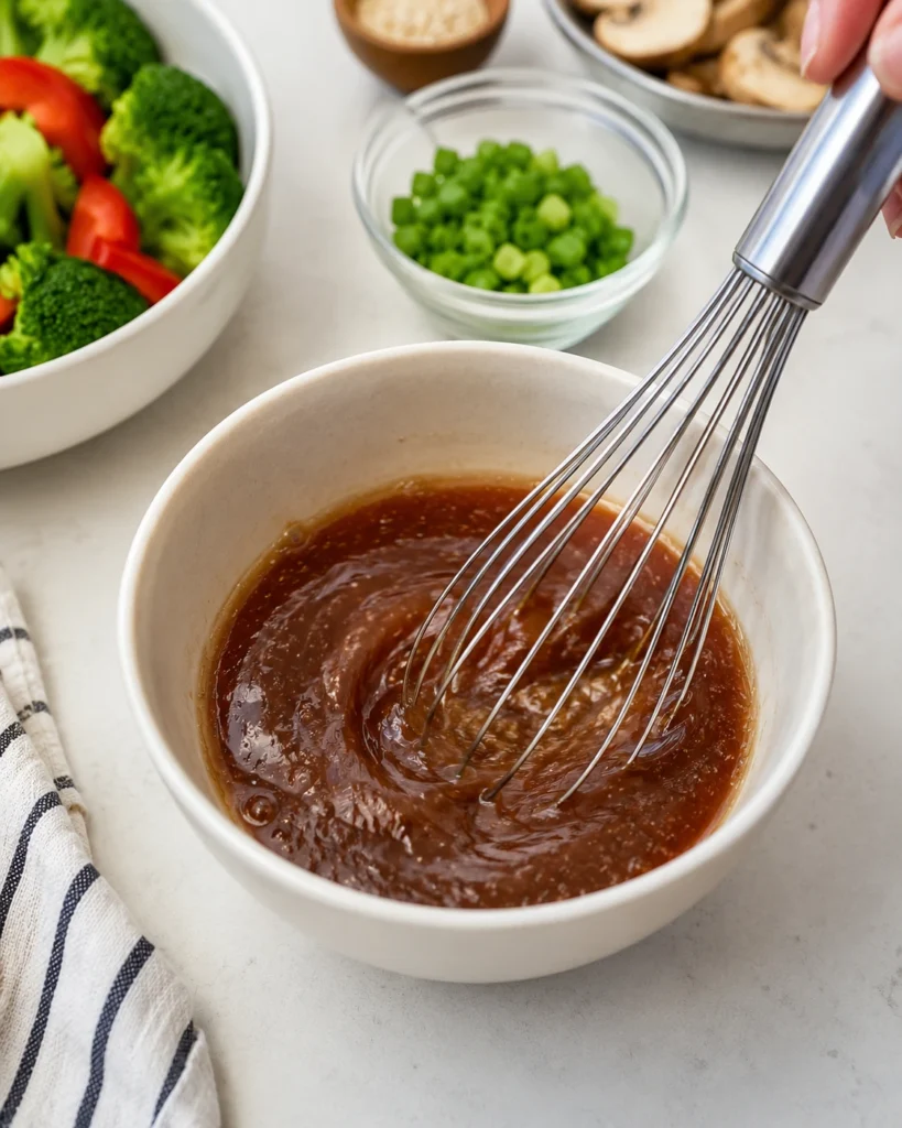 Stir fry sauce being whisked in a bowl on a clean kitchen counter