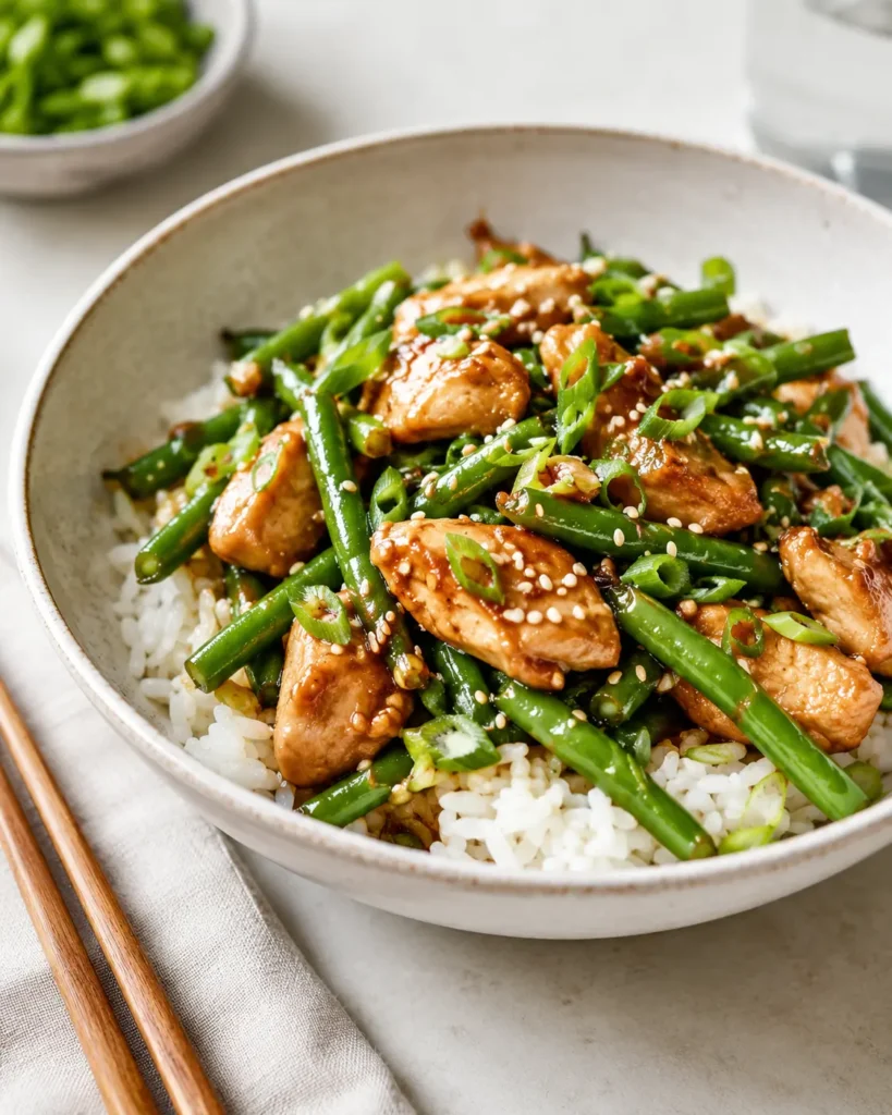 Chicken and green bean stir fry served over rice in a bowl