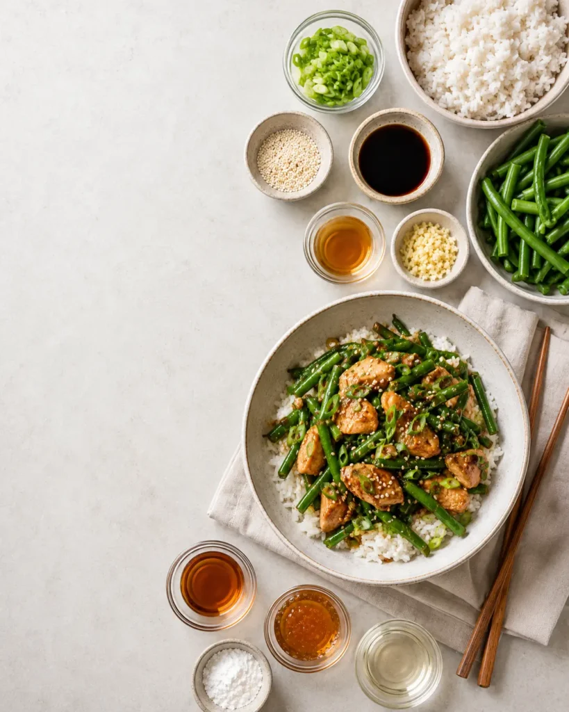Overhead chicken and green bean stir fry with rice and sauce ingredients