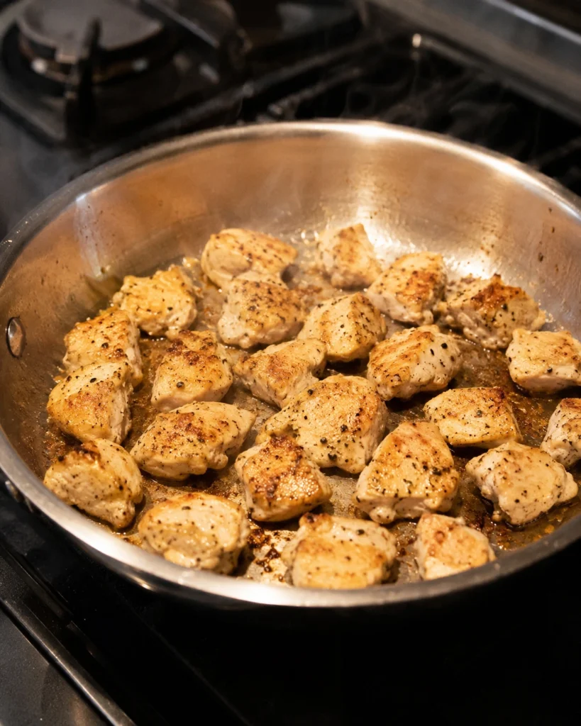 Chicken pieces searing in a skillet with lightly golden edges