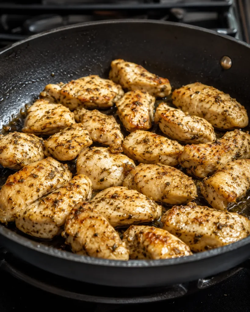 Lemon oregano chicken cooking in a skillet for Mediterranean tzatziki bowls