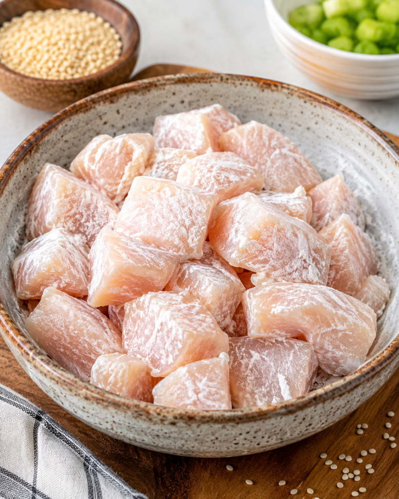 Diced chicken breast lightly coated with cornstarch before cooking