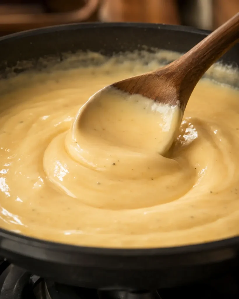 Smooth creamy cheese sauce being stirred for Philly cheesesteak mac and cheese