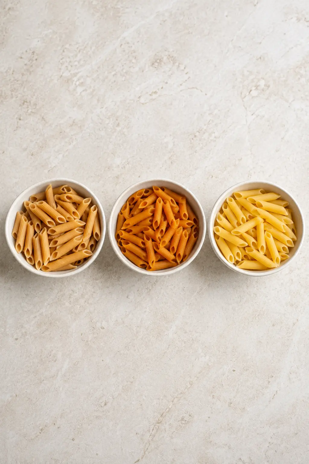 Protein pasta, chickpea pasta, and regular pasta compared in bowls
