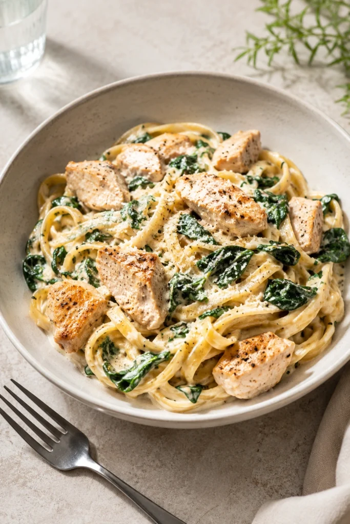 Creamy protein packed pasta bowl with chicken, spinach, and Parmesan