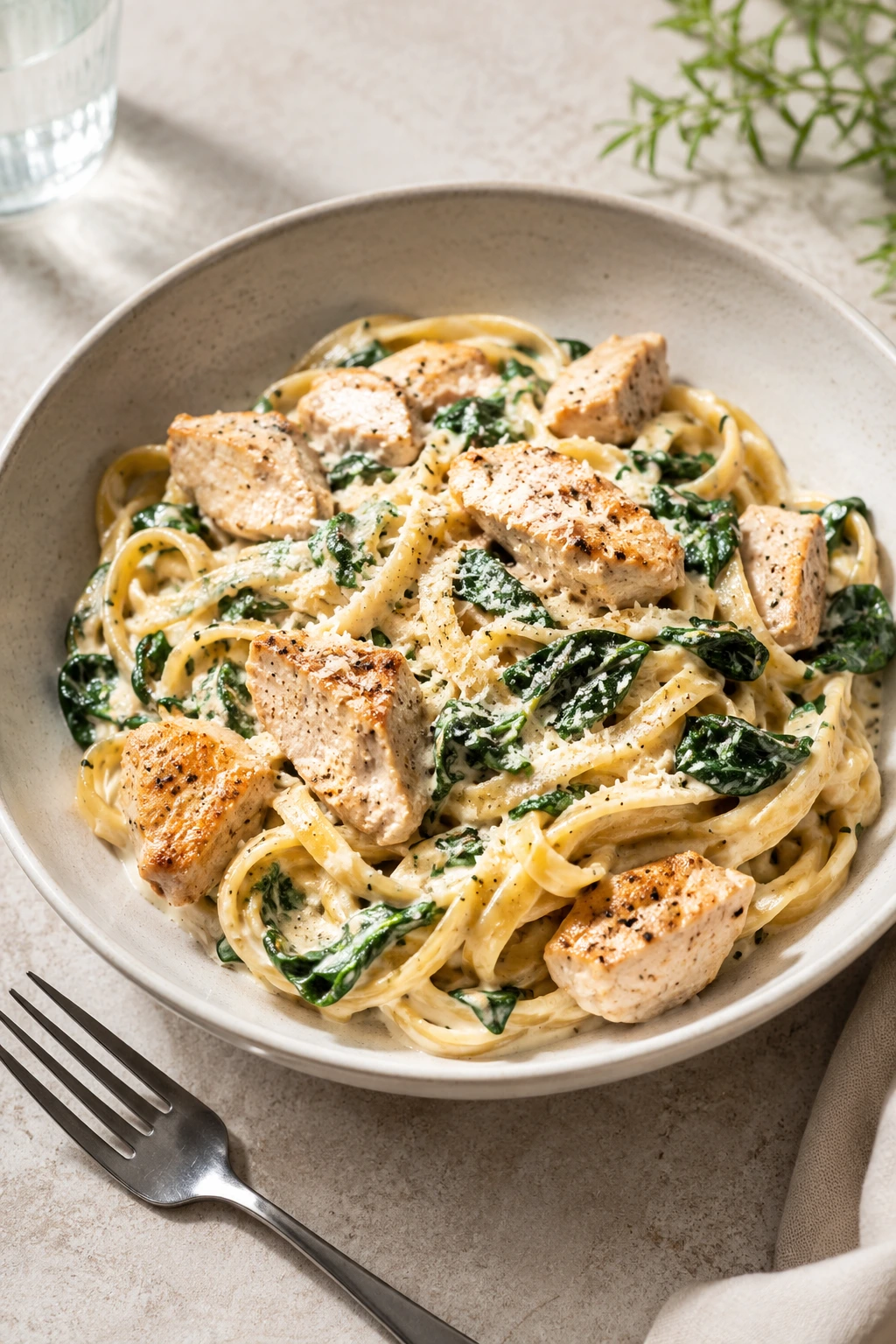 Creamy protein packed pasta bowl with chicken, spinach, and Parmesan