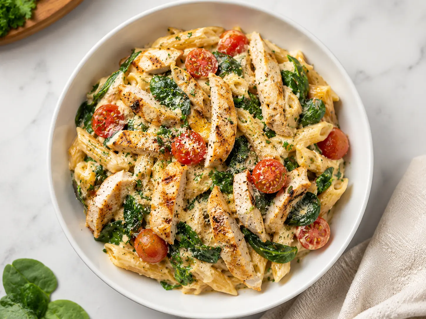 Creamy protein-packed pasta bowl with chicken spinach and tomatoes