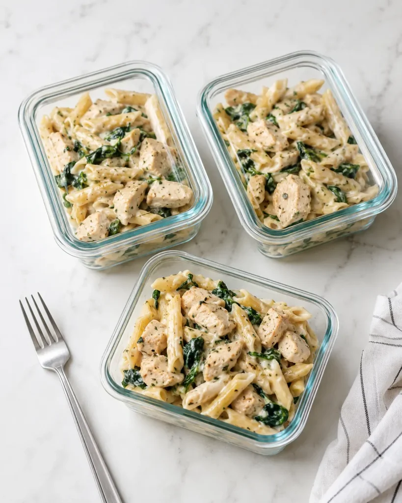 Meal-prep containers filled with creamy protein pasta with chicken and spinach