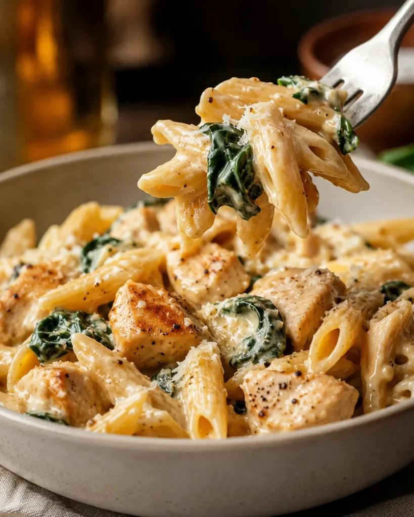 Fork twirl of creamy protein pasta with chicken and spinach