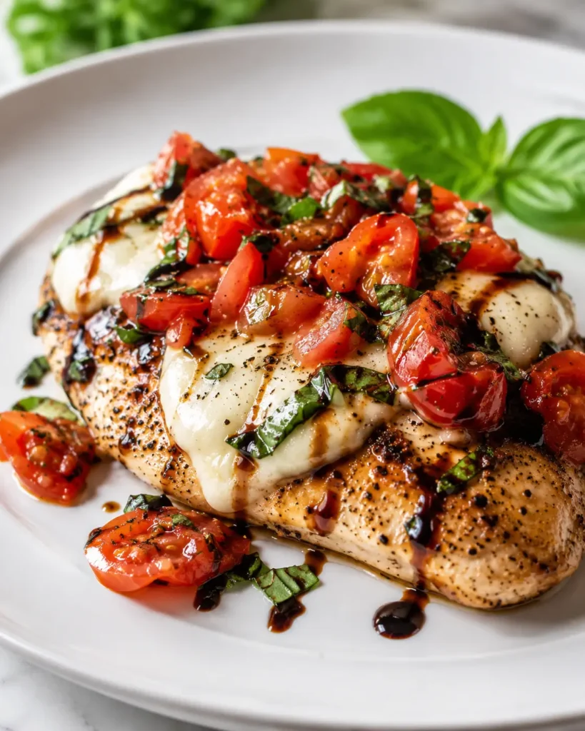 Finished bruschetta chicken with tomato basil topping and balsamic glaze on a plate