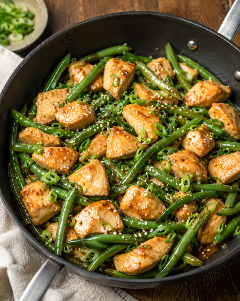 Finished chicken and green bean stir fry in a skillet with scallions and sesame seeds