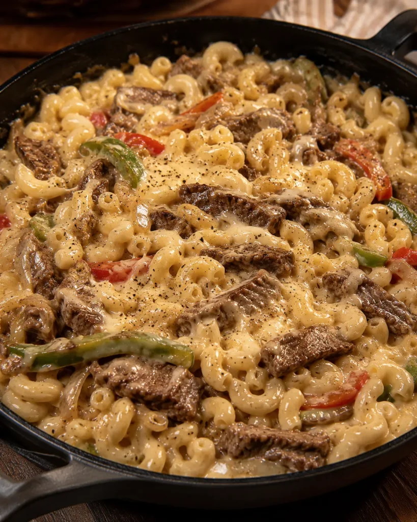 Finished skillet of creamy high-protein Philly cheesesteak mac and cheese with steak and peppers