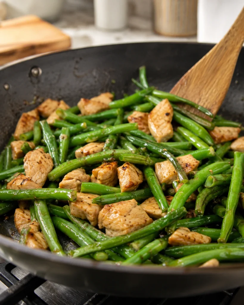Green beans and chicken cooking together in a skillet