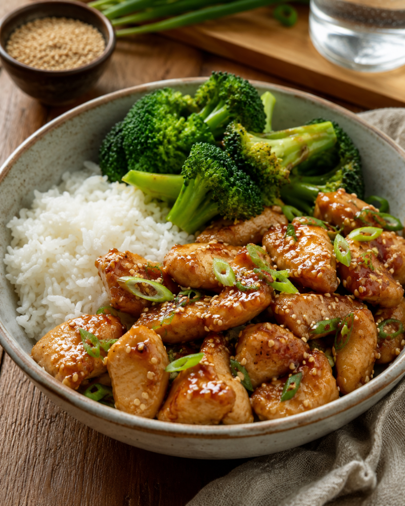 Healthy sesame chicken with rice, broccoli, sesame seeds, and green onions