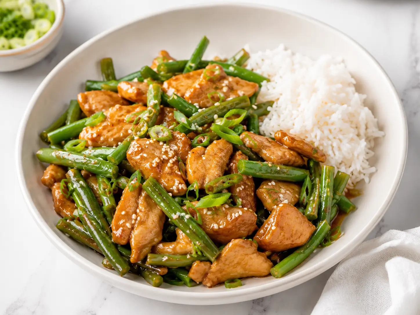 Healthy sesame chicken in a white bowl with rice and broccoli