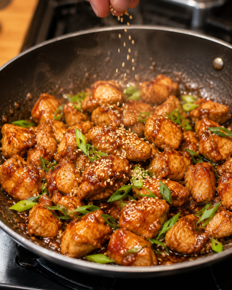 Sesame chicken cooking with glossy sauce, green onions, and sesame seeds