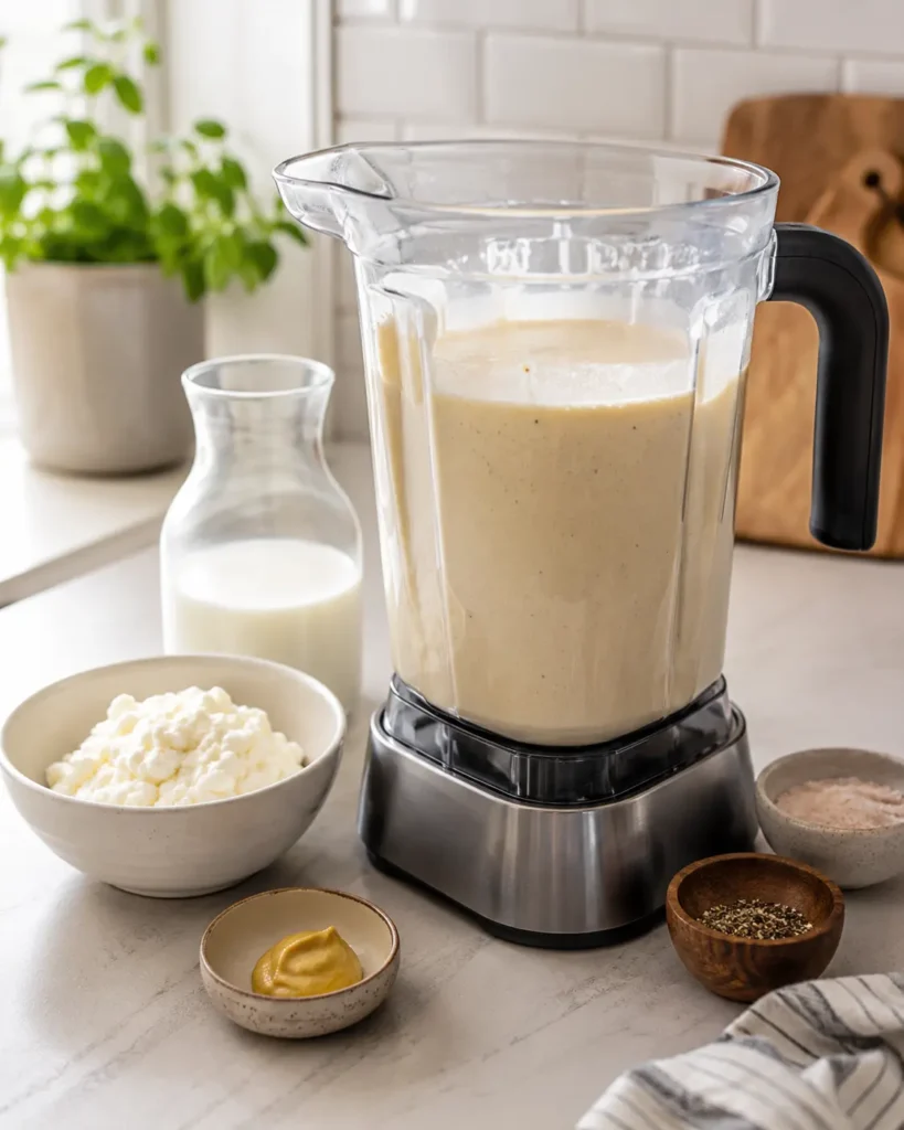 Blended cottage cheese sauce base for a high-protein cheesesteak mac and cheese recipe