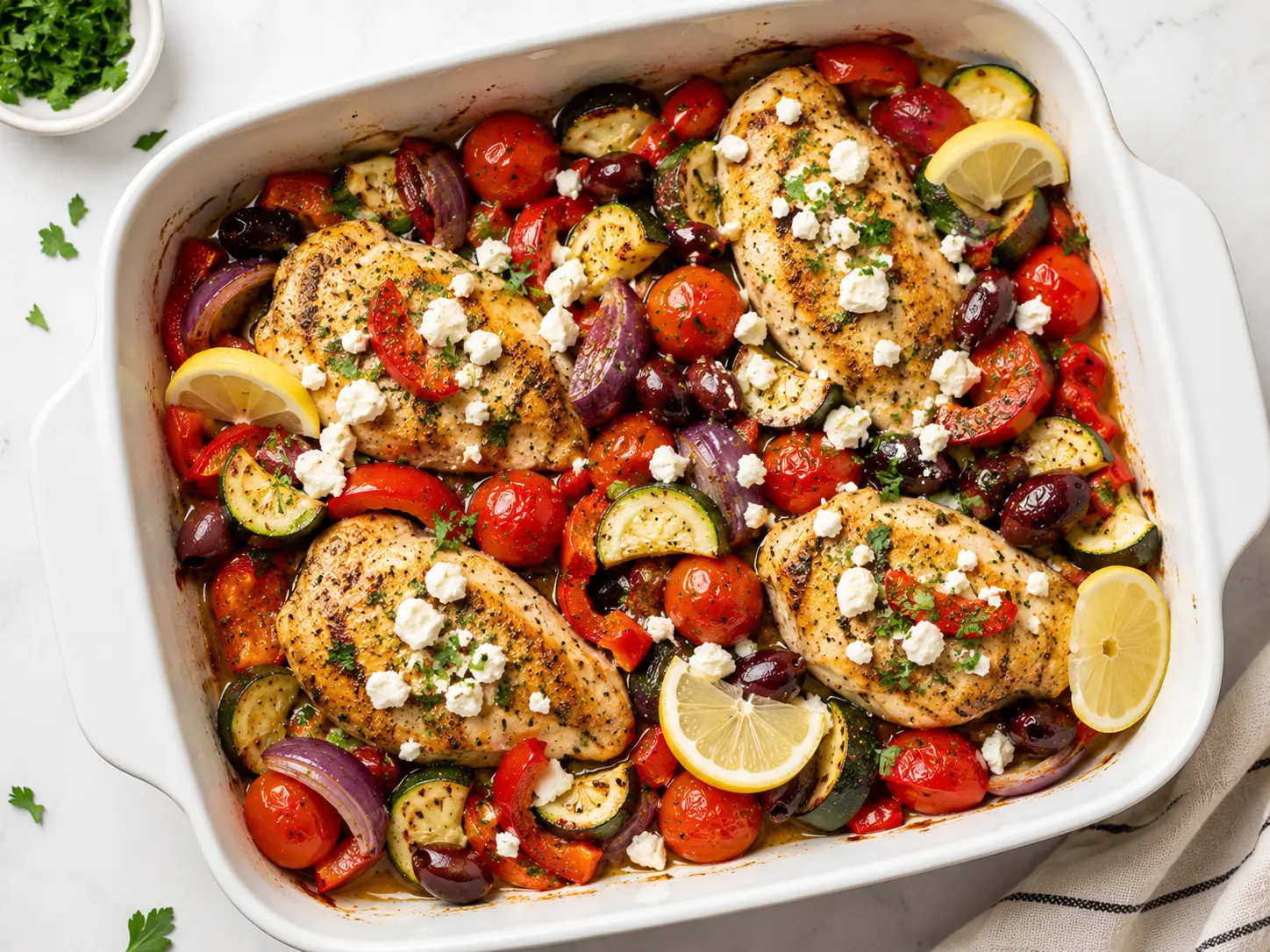 High-protein Mediterranean chicken with roasted vegetables, feta, olives, and lemon in a white baking dish