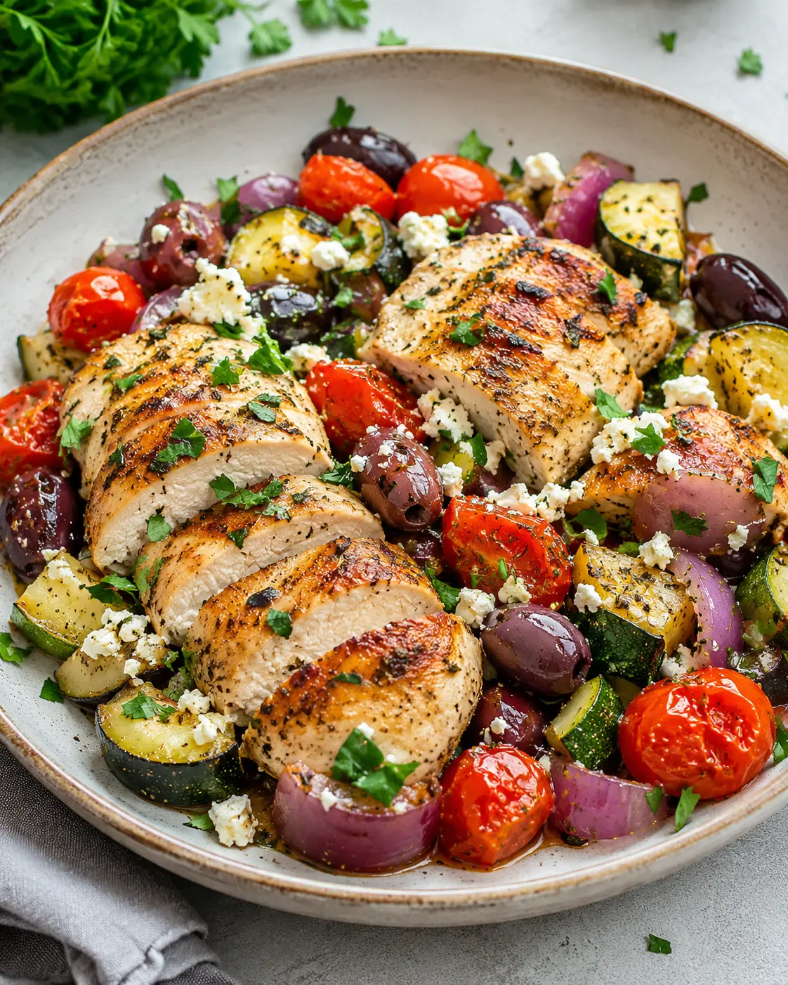 High-protein Mediterranean chicken with roasted vegetables and herbs