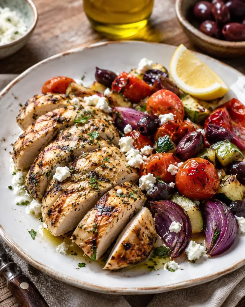 Mediterranean chicken with roasted vegetables, olives, feta, and lemon