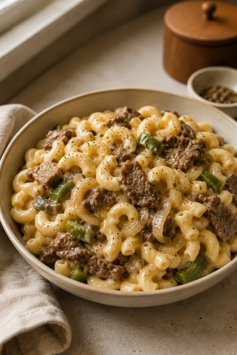 High protein Philly cheesesteak mac and cheese with beef, peppers, and onions