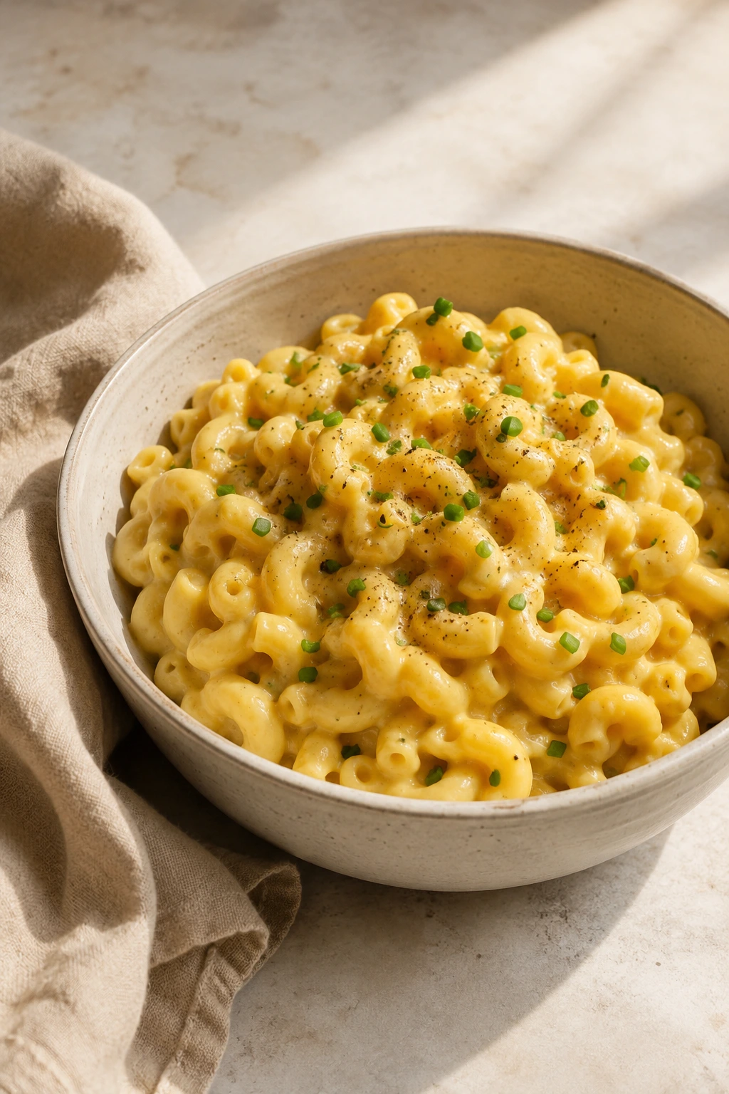 High protein vegan mac and cheese in a bowl with creamy dairy-free sauce