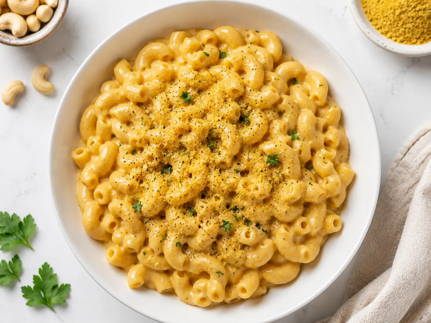 High protein vegan mac and cheese in a white bowl with creamy dairy-free sauce