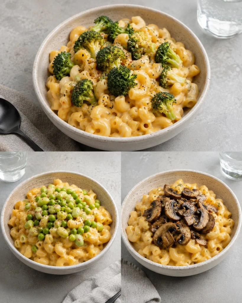 Summary collage for high-protein vegan mac and cheese with hero bowl, ingredients, creamy sauce, and meal-prep containers