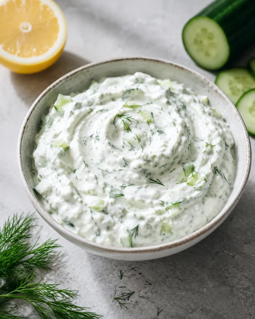 Thick homemade tzatziki with cucumber and dill for Mediterranean chicken bowls