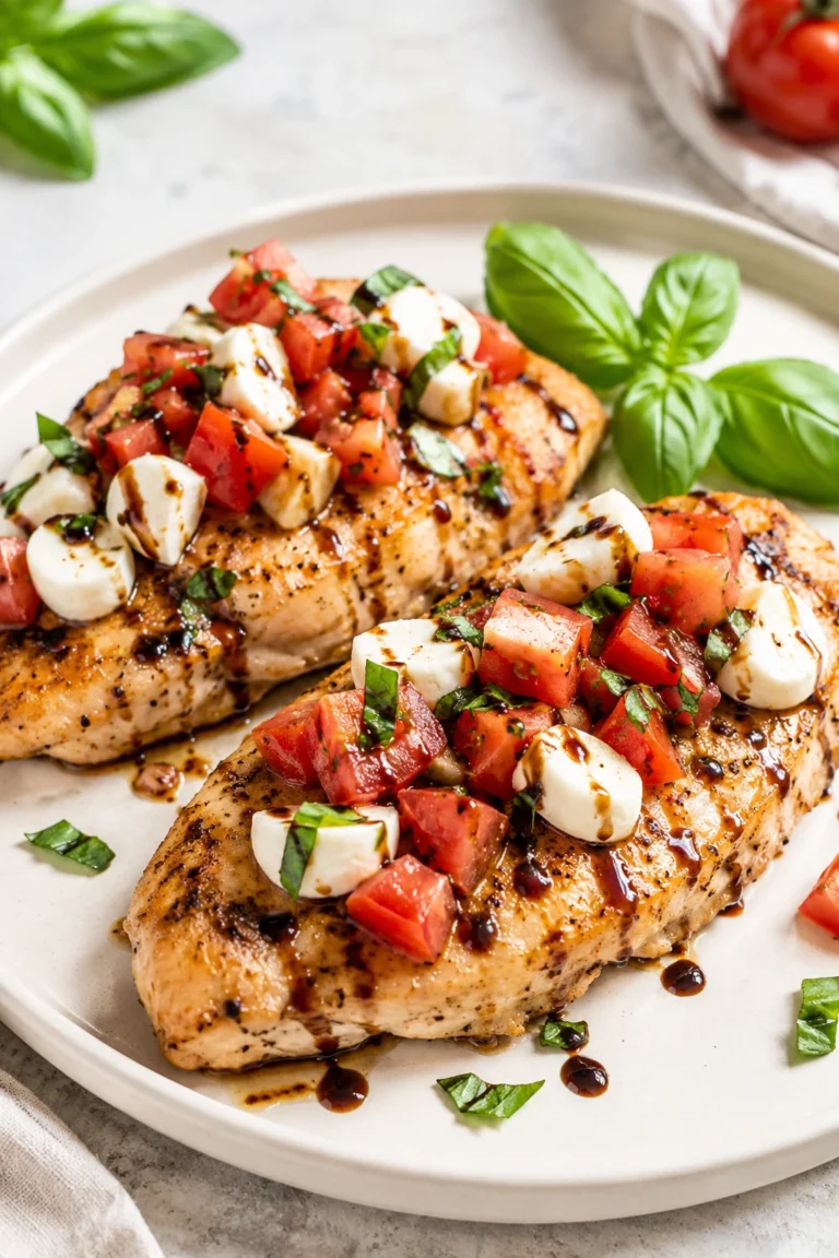 Bruschetta chicken topped with tomatoes, basil, mozzarella, and balsamic glaze