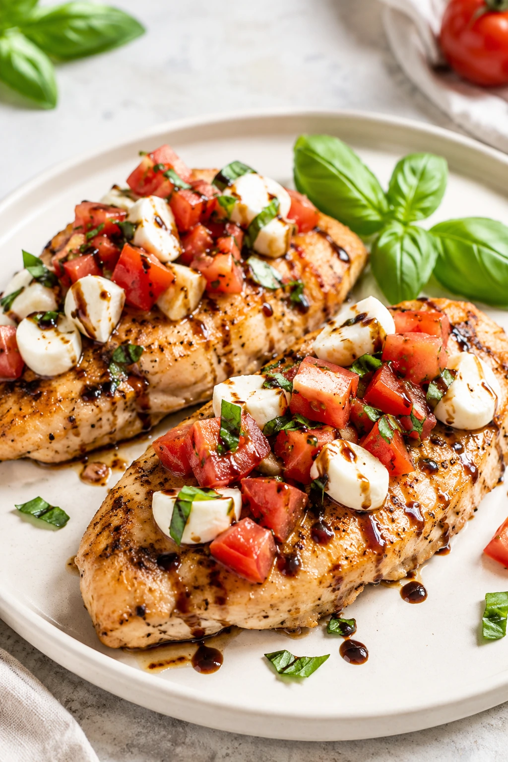 Bruschetta chicken topped with tomatoes, basil, mozzarella, and balsamic glaze