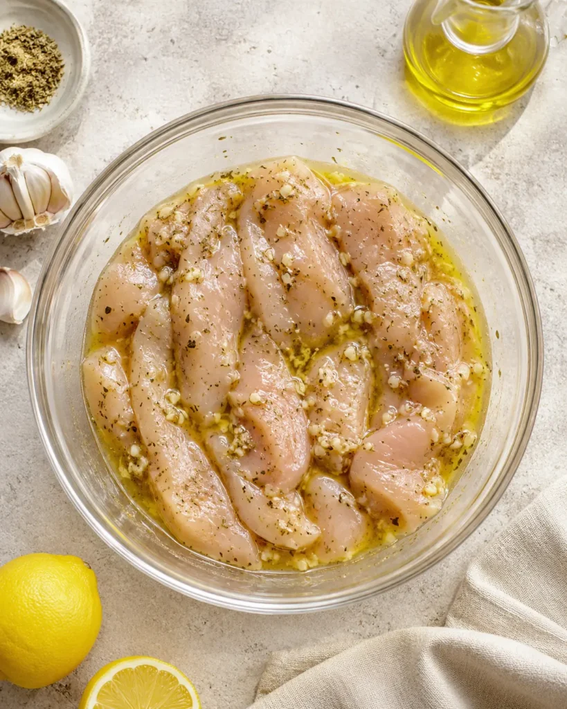Chicken marinating in lemon oregano mixture for Mediterranean bowls