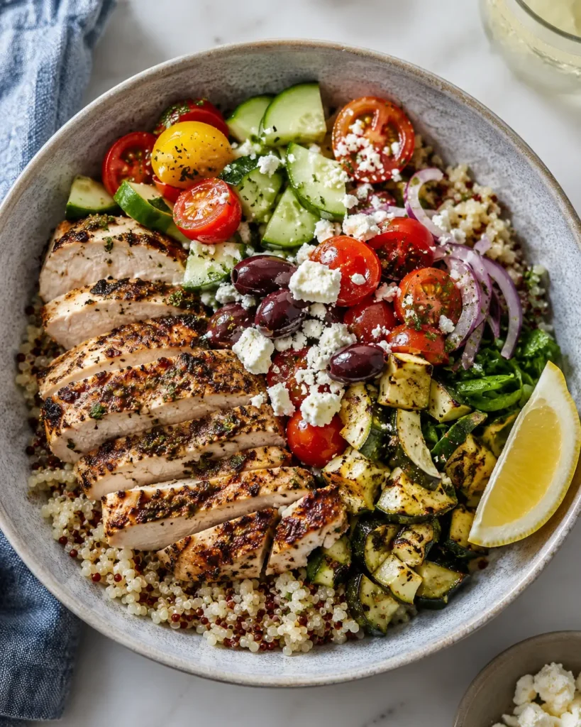 Mediterranean chicken bowl with quinoa, vegetables, olives, feta, and lemon wedge