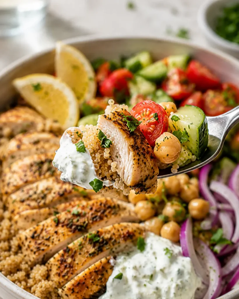 Fork lift of Mediterranean chicken tzatziki bowl with quinoa and vegetables