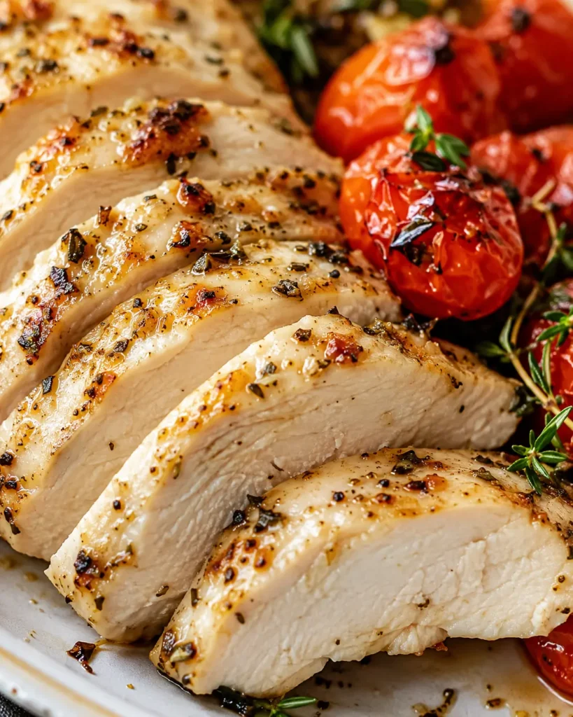 Juicy sliced Mediterranean chicken with herbs and roasted tomatoes
