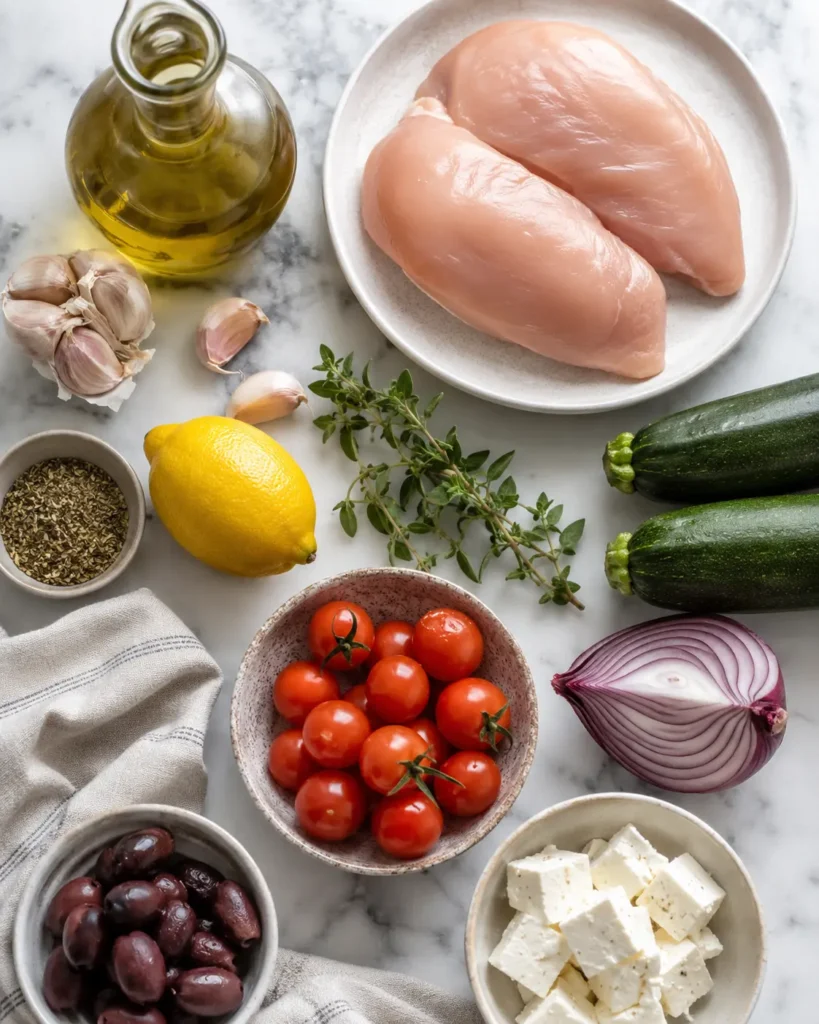 Mediterranean chicken ingredients with raw chicken, tomatoes, olives, feta, lemon, and zucchini