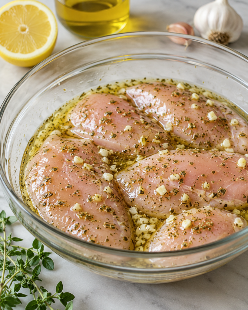 Raw chicken marinating with garlic, lemon, olive oil, and oregano
