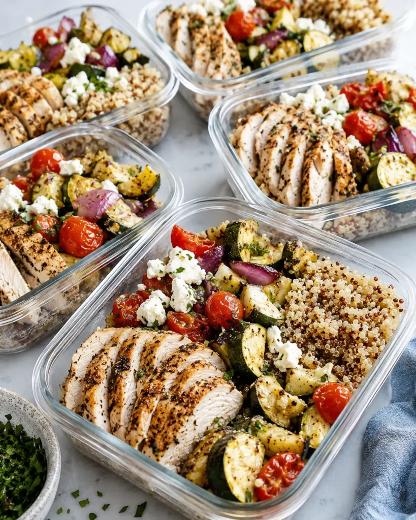 Mediterranean chicken meal prep containers with quinoa, roasted vegetables, and feta