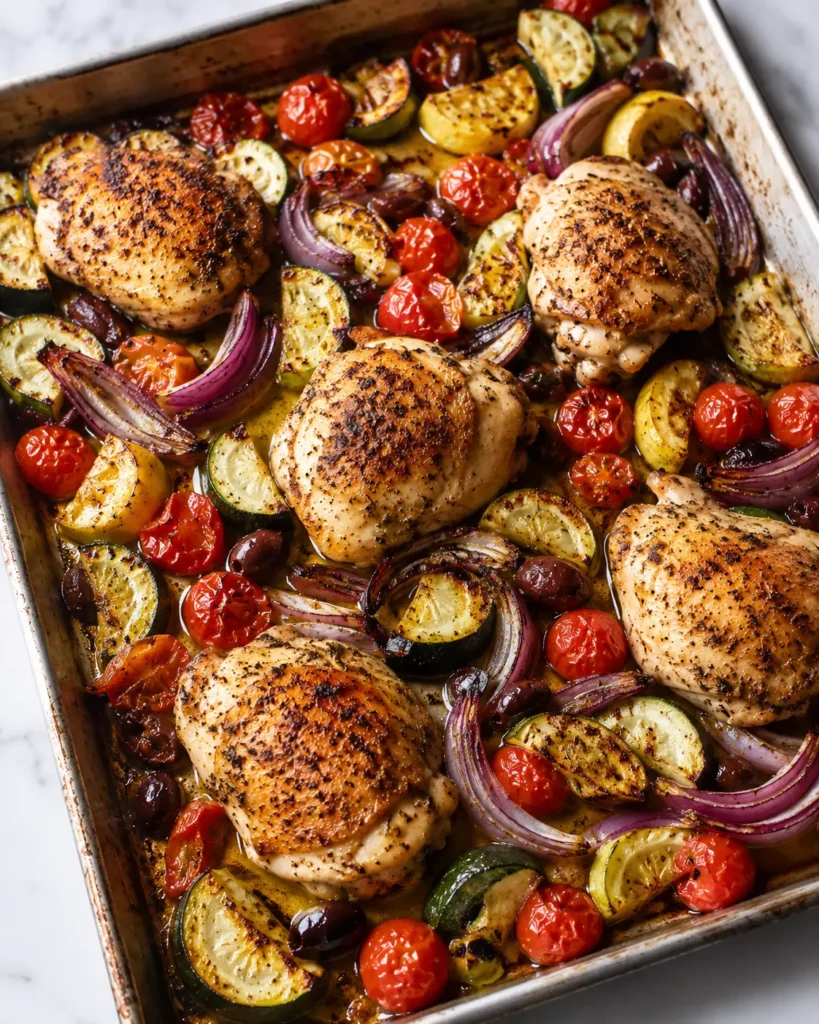 Mediterranean chicken roasting with zucchini, tomatoes, olives, and red onion