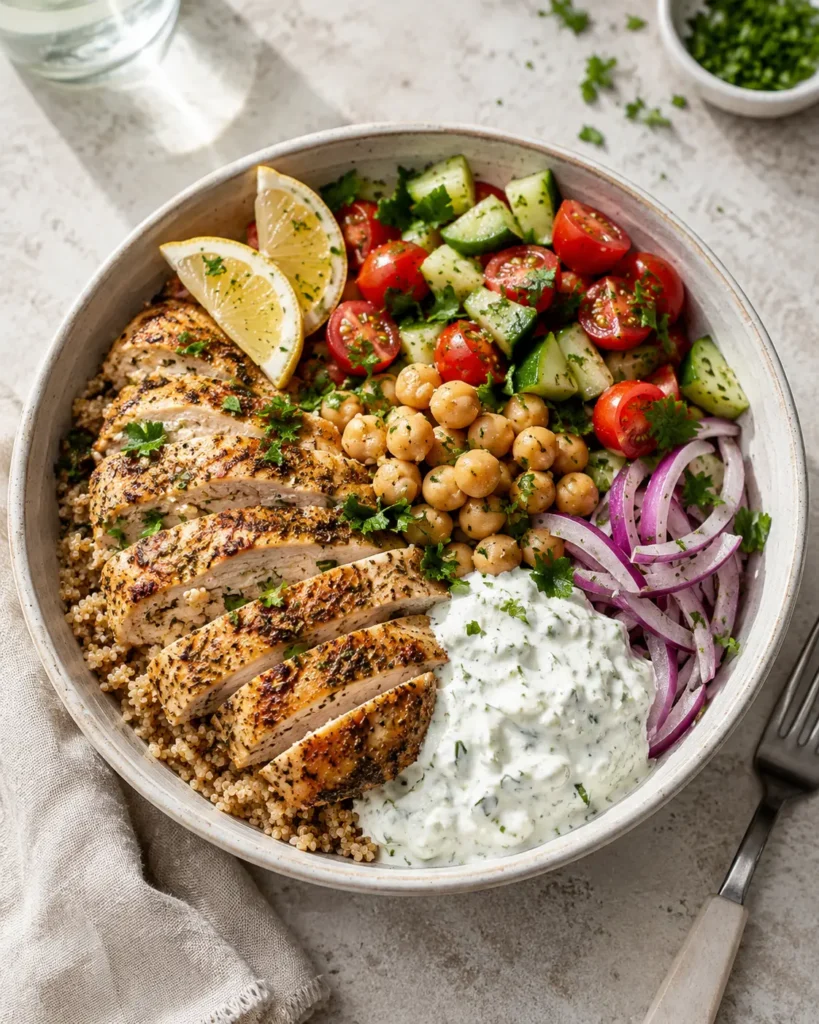 Mediterranean chicken tzatziki bowl with quinoa, chickpeas, vegetables, and creamy tzatziki