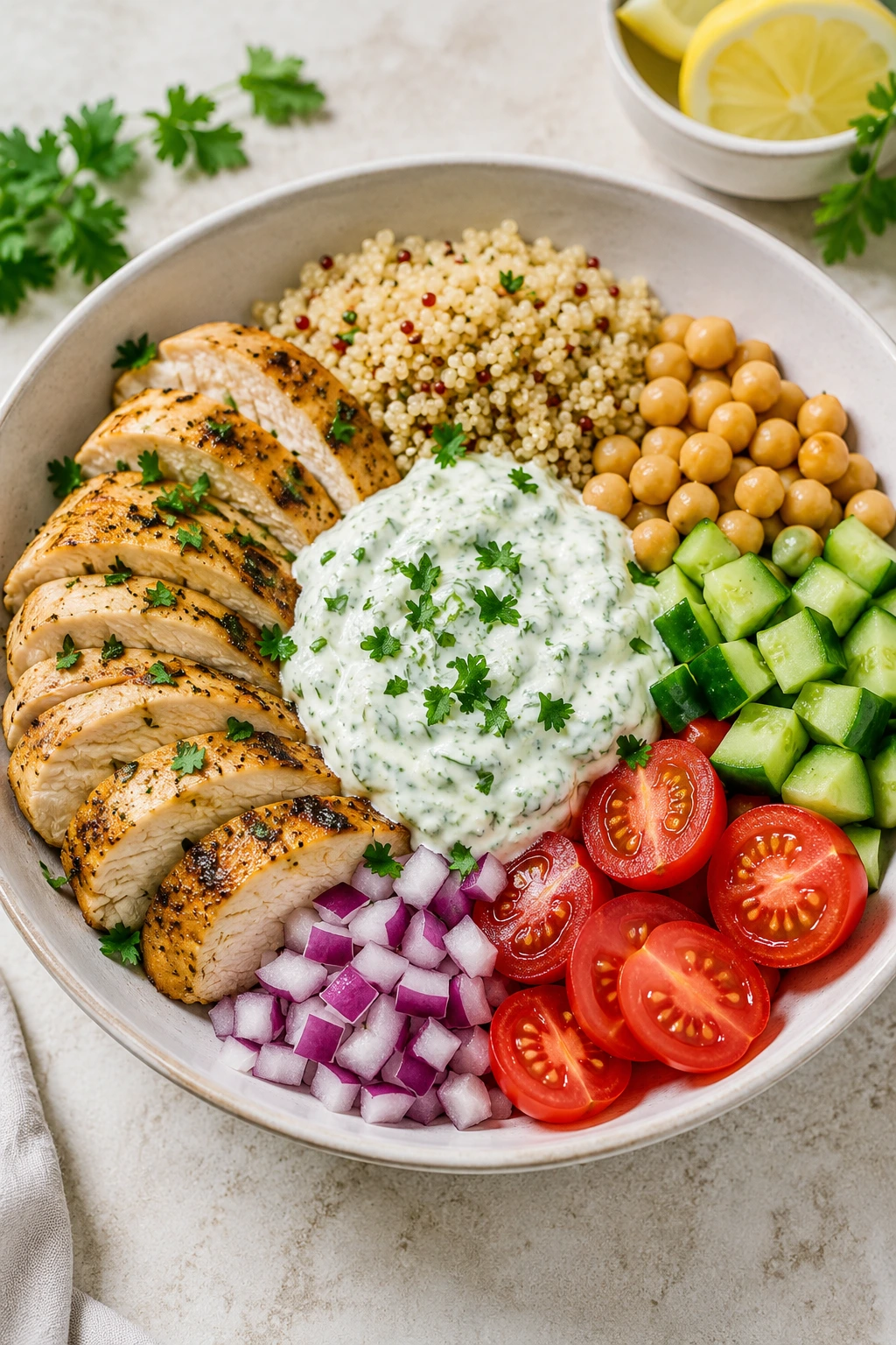 Mediterranean chicken tzatziki bowl with quinoa, chickpeas, cucumber, tomato, and red onion