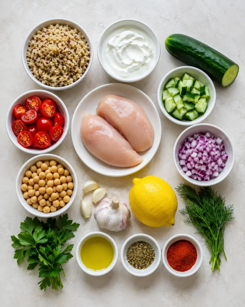 Ingredients for Mediterranean chicken tzatziki bowls arranged on a kitchen counter